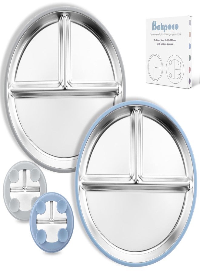 Bakpoco Stainless Steel Toddler Plate with Suction, 9” Divided Plates with Removable Silicone Sleeves for Kids, Non Toxic & BPA Free | Non Slip | Unbreakable Baby Snack Dishes Set of 2, Blue & Gray - Image 1